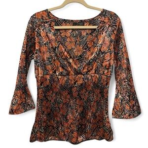 Floral Hippie Top Women Medium Orange 3/4 Bell Sleeve Satin Boho V-Neck Festival